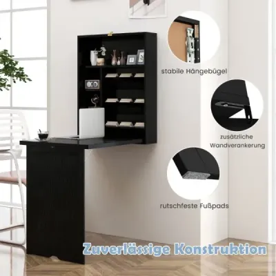 Nástenný rozkladací stôl s úložným priestorom, rozkladací nástenný stolík, priestorovo úsporný nástenný rozkladací stôl, čierna