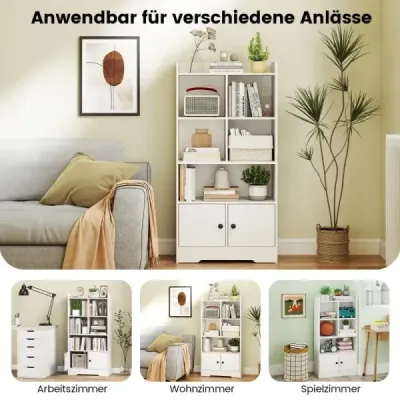 Knižnica s 2 dvierkami a 5 priehradkami, biela drevená knižnica, 60 x 29,5 x 120 cm