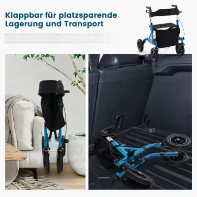 Skladací a ľahký rolátor so sedadlom z hliníka do 160 kg 2 v 1 invalidný vozík a cestovný rolátor modrý