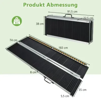 183 x 74 cm Rampa pre invalidné vozíky Prenosná a protišmyková skladacia rampa s nosnosťou do 272 kg Hliník