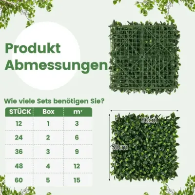 12 kusov Umelý živý plot Rastlinná stena 50,5 x 50,5 cm Simulovaný trávnik Umelá rastlina Zelená