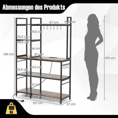 Kuchynský regál Stojaci regál so zásuvkami 5 políc Mikrovlnná rúra s policami 107 x 37 x 160 cm Rustikálna hnedá
