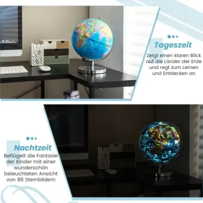 Ø 23 cm osvetlený glóbus s kovovým podstavcom a svetlom a anglickou zemepisnou mapou a mapou súhvezdí