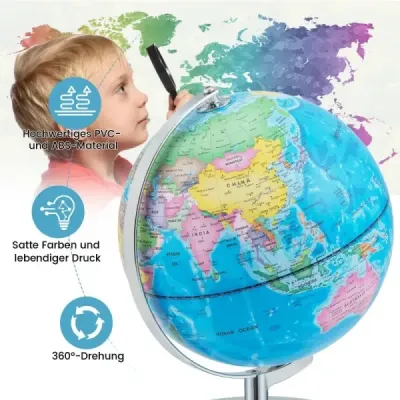 Ø 23 cm osvetlený glóbus s kovovým podstavcom a svetlom a anglickou zemepisnou mapou a mapou súhvezdí