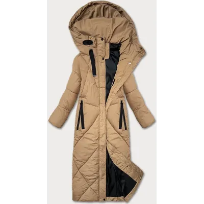Dlhá dámska zimná bunda ku kolenám  MODA3232 camel