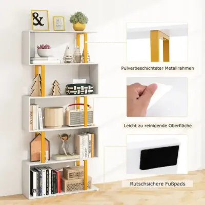 Biely regál Stojanový regál s 5 úrovňami Voľne stojaci kancelársky regál v tvare písmena S 70 x 24 x 157 cm
