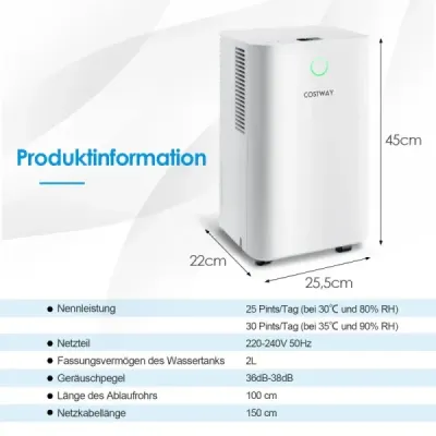 15㎡ Odvlhčovač vzduchu 15L Odvlhčovač vzduchu s 3 režimami Mobilný odvlhčovač vzduchu 25,5 x 22 x 45 cm biely