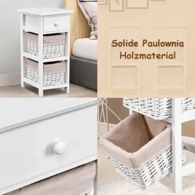 Nočný stolík so zásuvkou a 2 úložnými košíkmi Nočný stolík Prútená komoda Biela Nočný stolík so zásuvkou a 2 úložnými košíkmi Nočný stolík Prútená komoda Biela