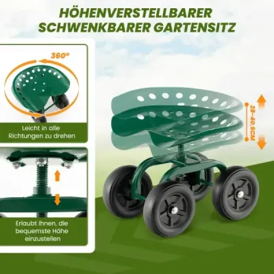 Záhradný vozík na kolieskach Mobilné pracovné sedadlo s 360° otočným sedadlom a nastaviteľnou výškou