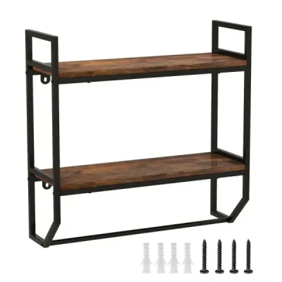 Industriálna 2-úrovňová nástenná polica s tyčou a kovovým rámom Rustikálna hnedá