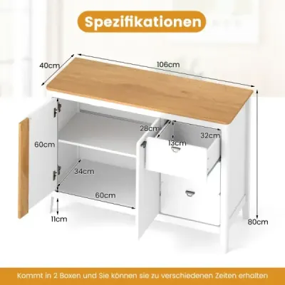 Kuchynská skrinka s 2 dvierkami a 3 zásuvkami drevený príborník bufetová skrinka 106 x 40 x 80 cm