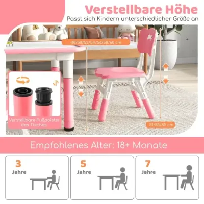 Detský stôl so 4 stoličkami s grafitmi Výškovo nastaviteľná detská sedacia súprava Ružová Detský stôl so 4 stoličkami s grafitmi Výškovo nastaviteľná detská sedacia súprava Ružová
