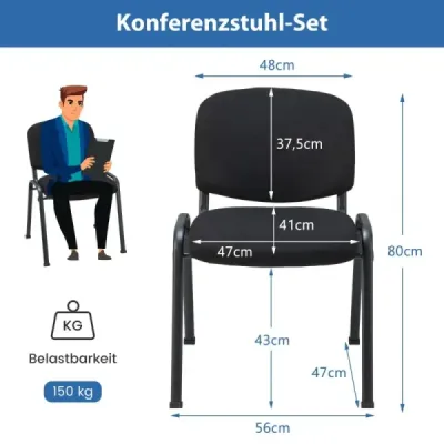 Sada 5 konferenčných stoličiek Stohovateľné stoličky pre návštevníkov bez podrúčok Stohovacie stoličky bez podrúčok Čierna