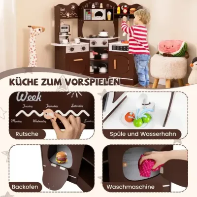 Nechajte svoje dieťa zažiť kulinársku radosť s našou rohovou drevenou kuchynkou na hranie! Mikrovlnná rúra a varné dosky sú vyba