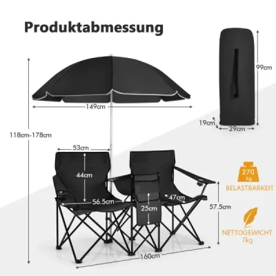 Kempingová stolička so slnečníkom Dvojitá skladacia stolička s držiakom na pohár Cooler Bag čierna