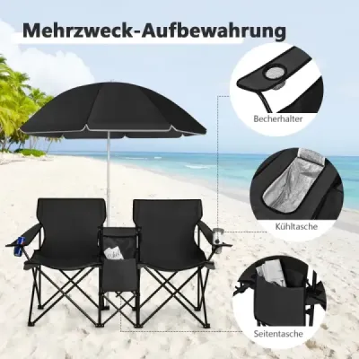 Kempingová stolička so slnečníkom Dvojitá skladacia stolička s držiakom na pohár Cooler Bag čierna