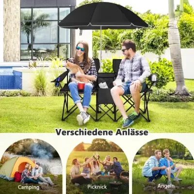 Kempingová stolička so slnečníkom Dvojitá skladacia stolička s držiakom na pohár Cooler Bag čierna