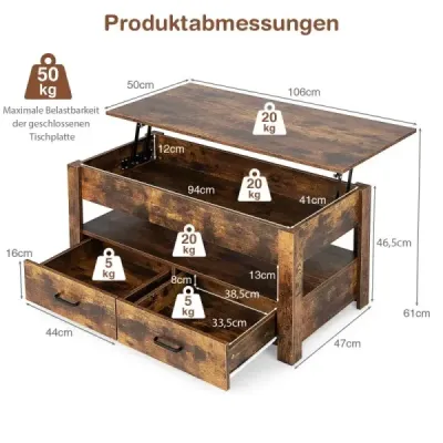 Výškovo nastaviteľný konferenčný stolík so zásuvkami Drevený konferenčný stolík 106 x 50 x 48 cm Hnedý
