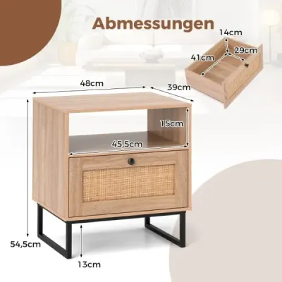 Ratanový nočný stolík v stredovekom štýle so zásuvkou a otvorenou priehradkou Príručný stolík Ratanový nočný stolík v stredovekom štýle so zásuvkou a otvorenou priehradkou Príručný stolík