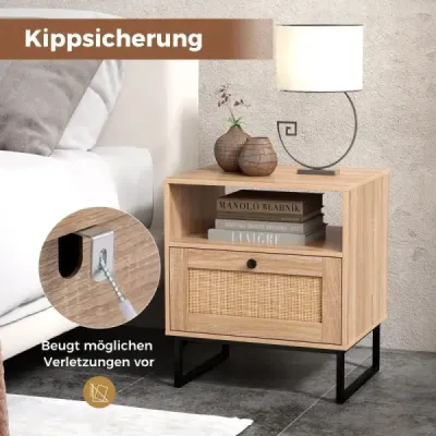 Ratanový nočný stolík v stredovekom štýle so zásuvkou a otvorenou priehradkou Príručný stolík Ratanový nočný stolík v stredovekom štýle so zásuvkou a otvorenou priehradkou Príručný stolík