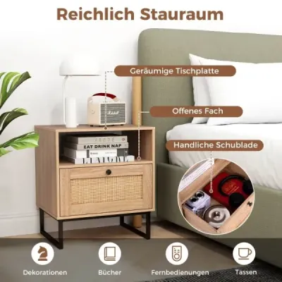 Ratanový nočný stolík v stredovekom štýle so zásuvkou a otvorenou priehradkou Príručný stolík Ratanový nočný stolík v stredovekom štýle so zásuvkou a otvorenou priehradkou Príručný stolík