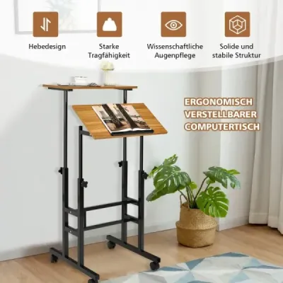 Mobilný stojanový stôl výškovo nastaviteľný sedací stôl čierny + orech