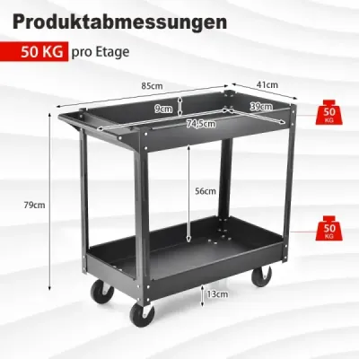 Kovový dielenský vozík s 2 úrovňami a viacúčelovým vozíkom s rukoväťou v čiernej farbe
