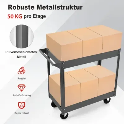 Kovový dielenský vozík s 2 úrovňami a viacúčelovým vozíkom s rukoväťou v čiernej farbe
