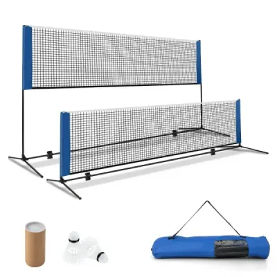 Bedmintonová sieť so stojanom, výškovo nastaviteľná s 2 loptičkami a taškou na prenášanie 310 x 102 x 89–155 cm