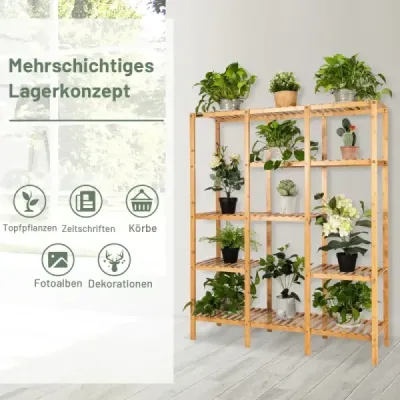 Polička na rastliny bambusová stojaca polička s 5 úrovňami kvetinové schodisko stojan na rastliny so závesným rámom 114 x 31 x 141 cm prírodné
