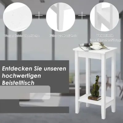 Sada 2 príručných stolíkov s policou 2-poschodový vysoký rozkladací stolík so 4 nohami z masívneho dreva bielej farby