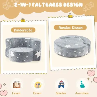 Detská pohovka 2 v 1 okrúhla hracia pohovka žiariaca v tme Detská pohovka čalúnená odnímateľným poťahom šedá