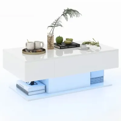 Konferenčný stolík s LED osvetlením vysoký lesk 20 farieb nastaviteľný jas 110 x 60 x 40 cm biely