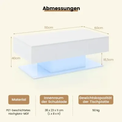 Konferenčný stolík s LED osvetlením vysoký lesk 20 farieb nastaviteľný jas 110 x 60 x 40 cm biely
