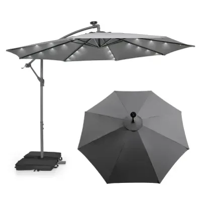 Konzolový slnečník Ø300 cm so 40 solárnymi LED svetlami a vrecami s pieskom a kľukou a UV ochranou slnečník sivý