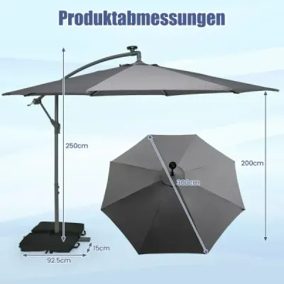 Konzolový slnečník Ø300 cm so 40 solárnymi LED svetlami a vrecami s pieskom a kľukou a UV ochranou slnečník sivý