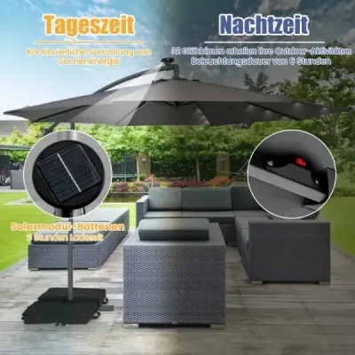 Konzolový slnečník Ø300 cm so 40 solárnymi LED svetlami a vrecami s pieskom a kľukou a UV ochranou slnečník sivý