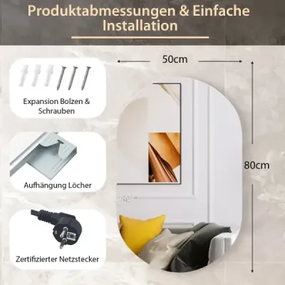 80 x 50 cm LED nástenné zrkadlo Oválne stmievateľné kúpeľňové zrkadlo