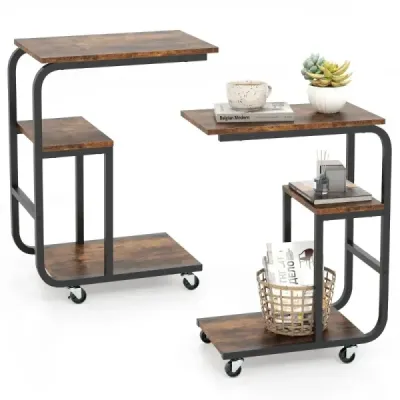 Sada 2 bočných stolíkov v tvare C s otvorenými policami a uzamykateľnými kolieskami