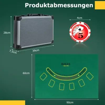 Pokrová súprava so 400 laserovými žetónmi a 2 hracími kartami a 5 kockami a tlačidlom dealera z hliníkového obalu