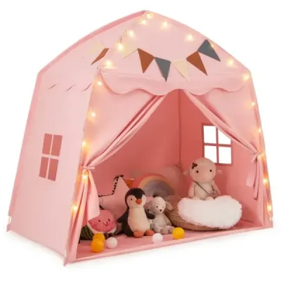 Playhouse Children Vnútorný detský stan s vlajkami a rozprávkovými svetlami Princess Play Tent Pink