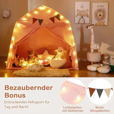 Playhouse Children Vnútorný detský stan s vlajkami a rozprávkovými svetlami Princess Play Tent Pink