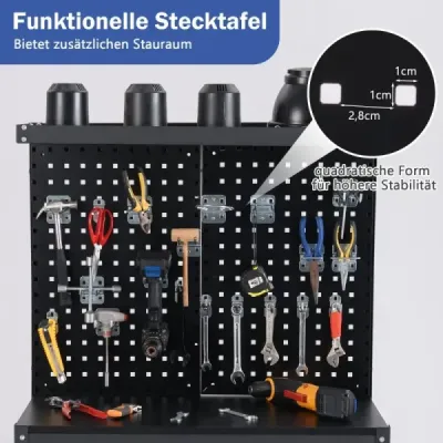 Pracovný stôl 81 x 41 cm Nosnosť 225 kg pracovný stôl s perforovanou stenou a zásuvkami a policami Čierna