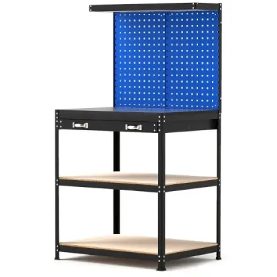 Pracovný stôl 81 x 41 cm Nosnosť 225 kg pracovný stôl s perforovanou stenou a zásuvkami a policami modrá