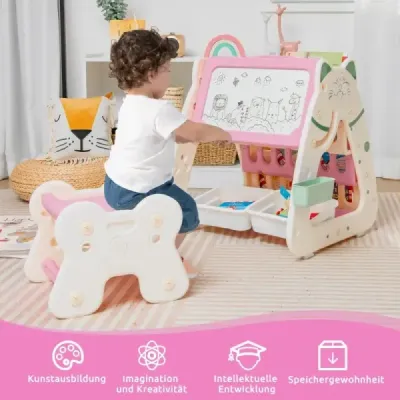 Detská sedacia súprava 3 v 1, tabuľa a polica na knihy s 3 úložnými boxmi a stoličkou ružová Detská sedacia súprava 3 v 1, tabuľa a polica na knihy s 3 úložnými boxmi a stoličkou ružová