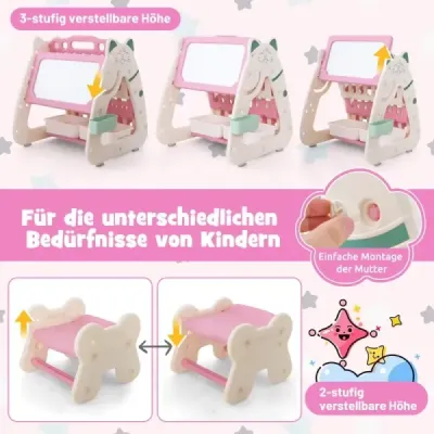 Detská sedacia súprava 3 v 1, tabuľa a polica na knihy s 3 úložnými boxmi a stoličkou ružová Detská sedacia súprava 3 v 1, tabuľa a polica na knihy s 3 úložnými boxmi a stoličkou ružová