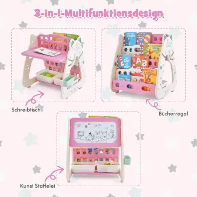 Detská sedacia súprava 3 v 1, tabuľa a polica na knihy s 3 úložnými boxmi a stoličkou ružová Detská sedacia súprava 3 v 1, tabuľa a polica na knihy s 3 úložnými boxmi a stoličkou ružová