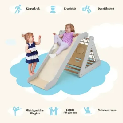 Drevená preliezačka 4 v 1 so šmykľavkou 62,5 x 64 x 57,5 ​​cm sivá
