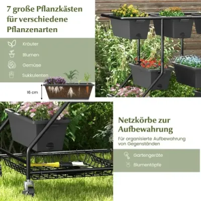 Stojan na kvety s kvetinovými truhlíky Kvetinové schodisko s kolieskami 100 x 56 x 99 cm Čierna farba