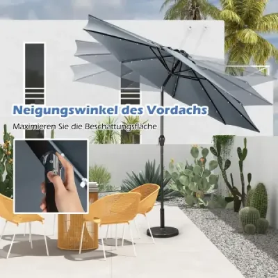 LED osvetlenie Okrúhly konzolový slnečník Solárne napájaný záhradný slnečník Kľučka sivá
